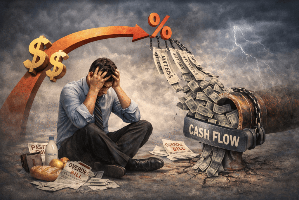 금리 상승으로 인한 이자 부담 증가가 개인의 현금흐름을 압박하고 생활비 부담과 연체 위험을 높이는 모습을 보여주는 일러스트. Illustration showing rising interest expenses increasing financial pressure and draining personal cash flow with overdue bills and living cost stress.