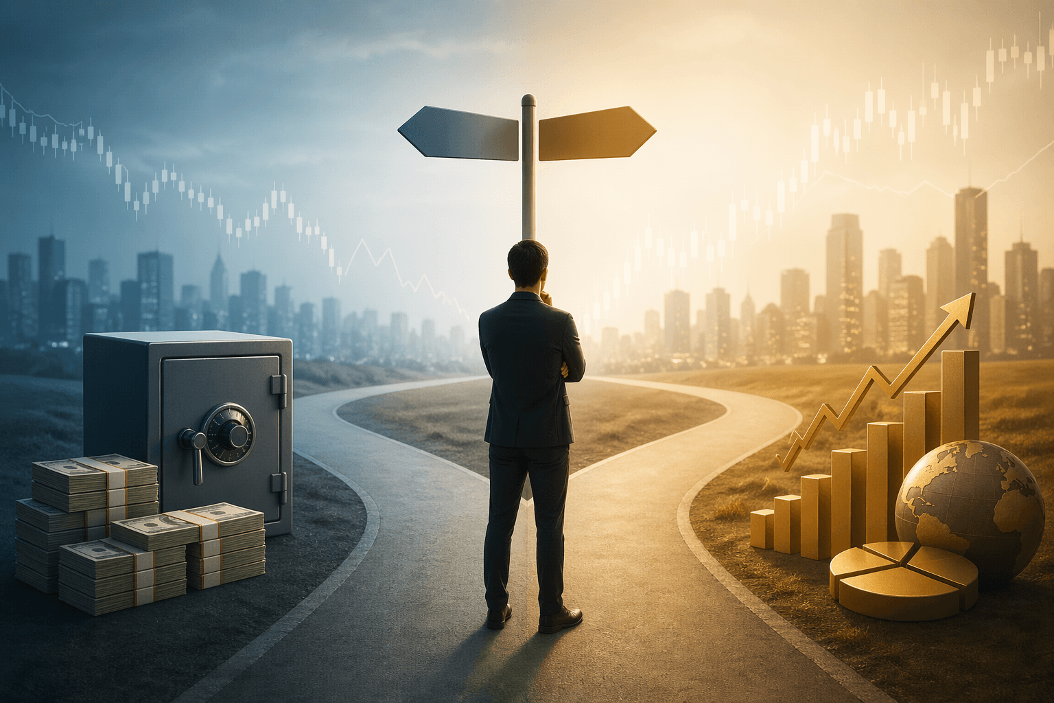 A businessman standing at a crossroads choosing between cash savings and investment growth, symbolized by a safe with money on one side and rising financial charts on the other.