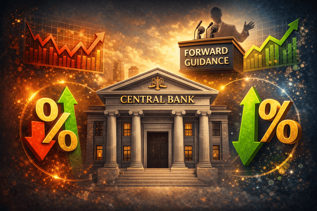 중앙은행이 금리 방향을 결정하고 향후 정책 신호를 전달하는 모습을 표현한 이미지. Central bank signaling future interest rate direction through forward guidance and policy decisions.