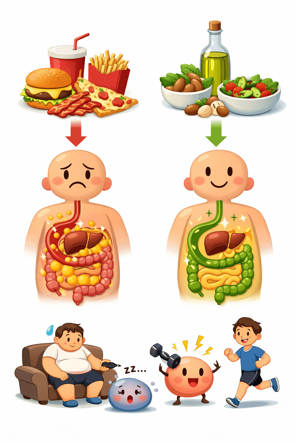좋은 지방과 나쁜 지방이 몸에서 다르게 처리되는 과정 비교 이미지, 올리브오일과 가공식품이 콜레스테롤과 신진대사에 미치는 영향 설명.