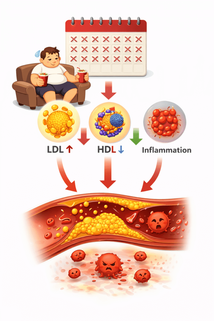 반복된 생활습관으로 인해 LDL 증가, HDL 감소, 염증 반응이 증가하고 혈관에 지방이 축적되는 과정 설명 이미지.