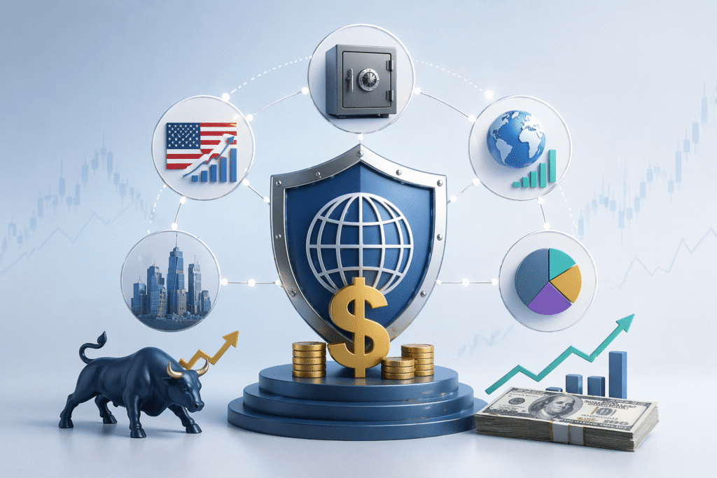 환율 리스크를 관리하기 위한 글로벌 자산 분산 구조를 보여주는 이미지로, 달러 자산과 다양한 투자 요소가 연결된 형태로 표현된 금융 인포그래픽. 