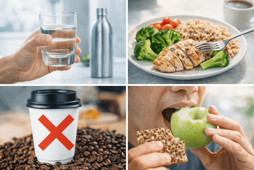 입냄새를 줄이기 위한 물 섭취, 식사 리듬, 카페인 조절, 씹는 음식 습관을 보여주는 이미지.