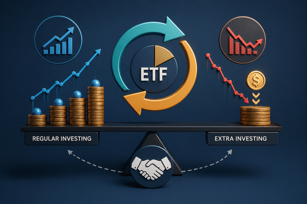 Hybrid ETF investment strategy combining dollar-cost averaging with additional buying during market dips, illustrating balanced growth and opportunity across market cycles.