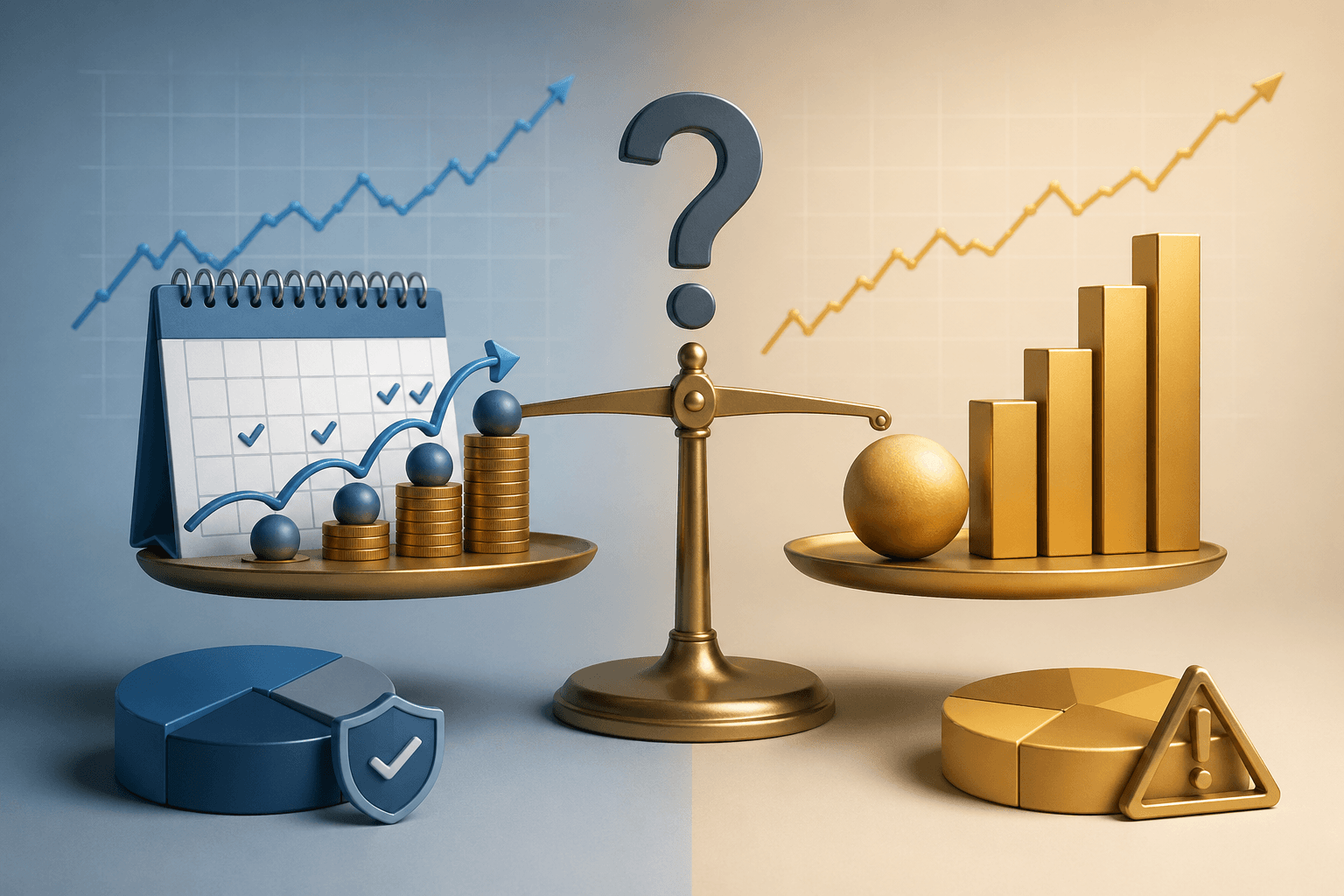 Comparison of ETF investment strategies showing dollar-cost averaging versus lump-sum investing, illustrating the balance between risk and return with financial growth charts and a scale concept.