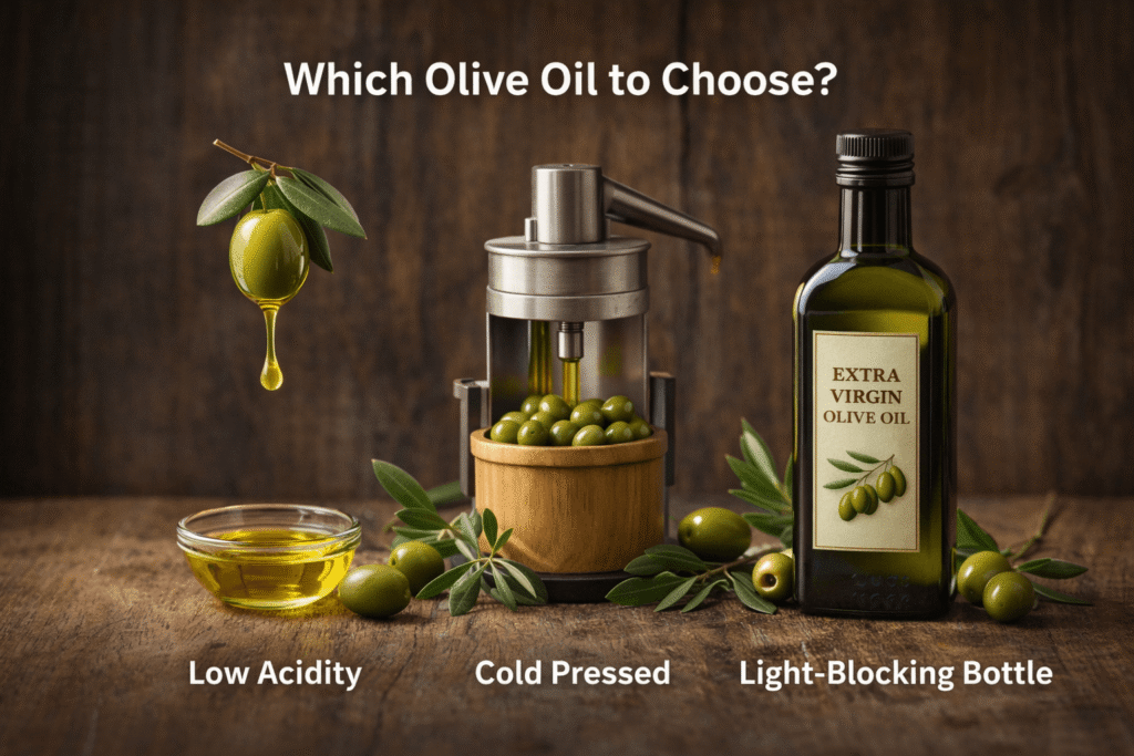 엑스트라버진 올리브오일 선택 기준을 보여주는 이미지로, 산도 낮음, 냉압착, 빛 차단 용기의 핵심 요소가 함께 표현된 구성.