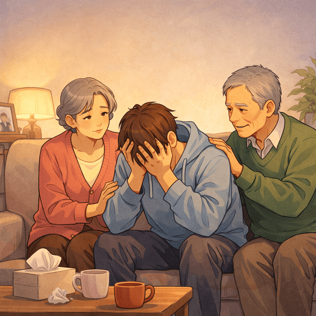 지친 모습의 사람이 가족 앞에서 감정을 숨기지 않고 위로받는 장면, 솔직한 감정이 허용되는 가족 관계를 표현한 일러스트.