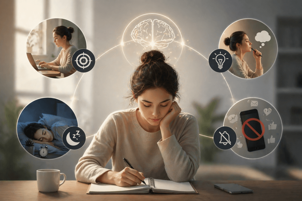 한 가지 일에 집중하며 노트에 기록하는 사람과 수면, 집중, 아이디어, 스마트폰 차단 등 생산성 루틴 요소가 함께 표현된 일러스트.