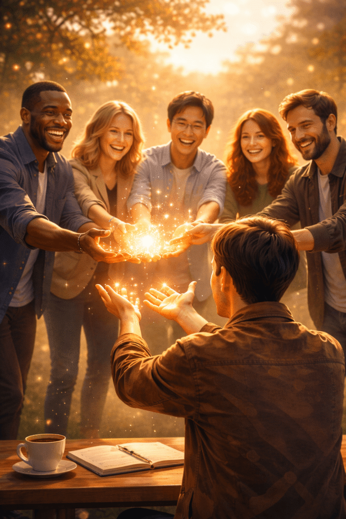 사람들이 서로에게 빛을 나누며 자연스럽게 연결되는 모습을 표현한 이미지, 주는 관계에서 형성되는 인맥의 흐름.