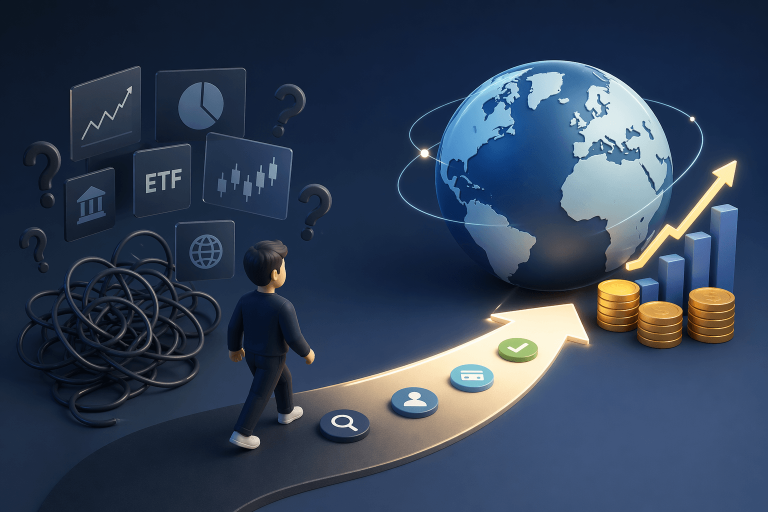 A visual representation of starting global investment, showing a transition from confusion with ETF, stocks, and currency concepts to a clear structured path toward financial growth and global portfolio building.