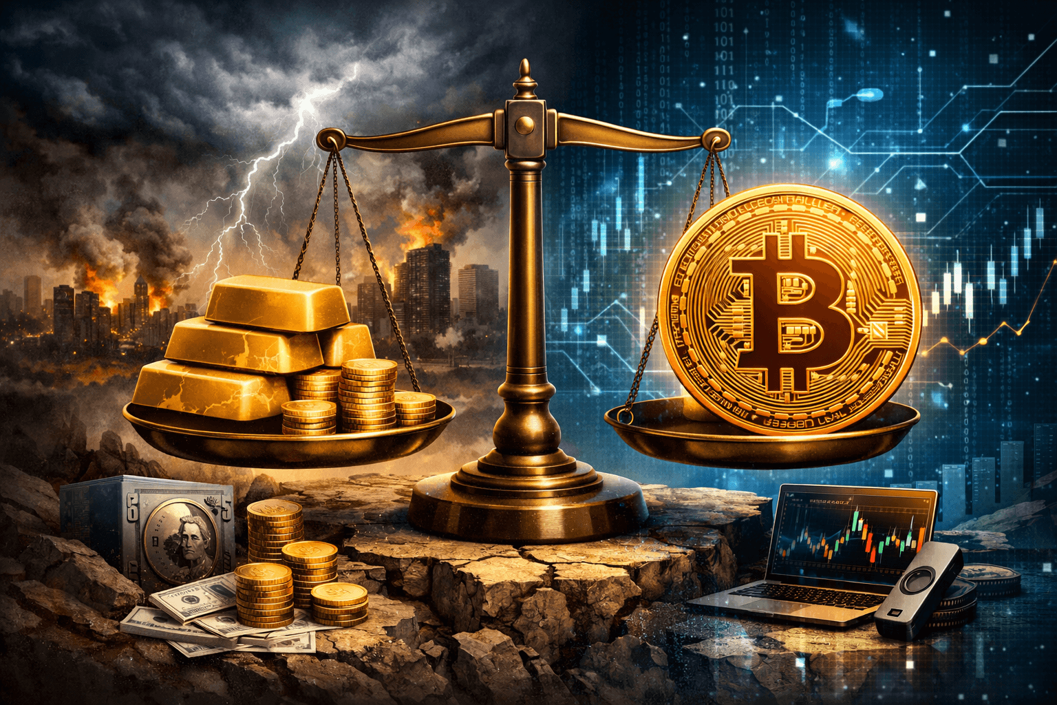 Comparison of gold and bitcoin as safe haven assets during financial crisis with contrasting stability and volatility.