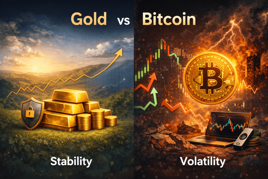 금과 비트코인의 안정성과 변동성을 비교한 이미지로 위기 상황에서 서로 다른 자산 특성을 보여주는 시각 자료. Visual comparison of gold and bitcoin highlighting stability versus volatility and their different behaviors during financial uncertainty.