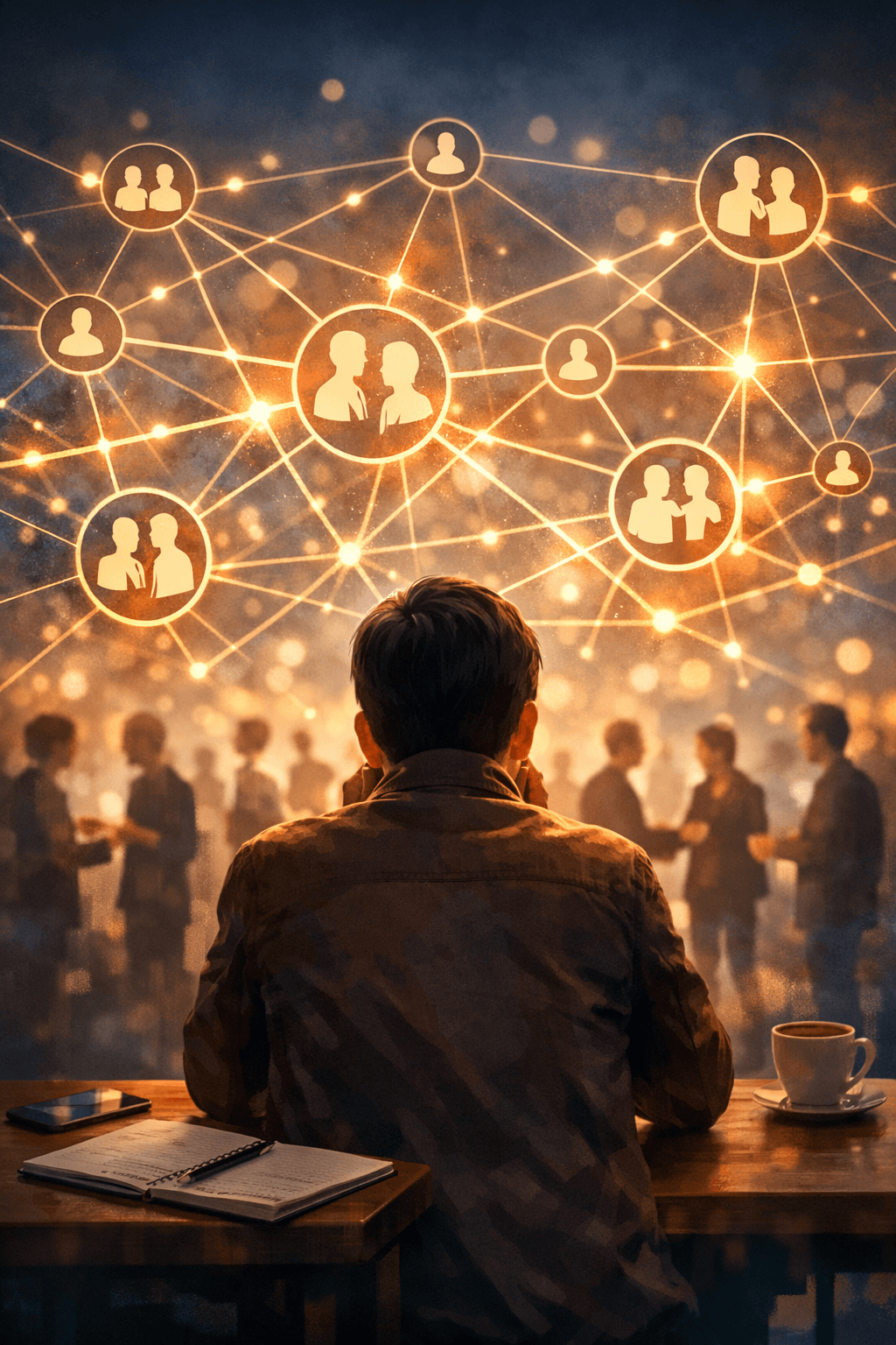 사람 사이의 연결 구조를 시각적으로 표현한 네트워크 이미지, 관계 형성과 인맥의 흐름을 보여주는 장면.