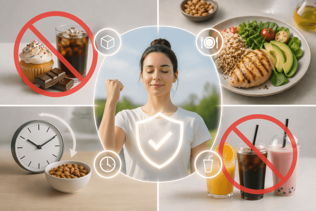 공복 상태에서 단 음식 섭취를 피하고 단백질과 지방을 포함한 식사, 규칙적인 식사 시간, 당 음료 제한을 통해 혈당을 안정적으로 유지하는 방법.