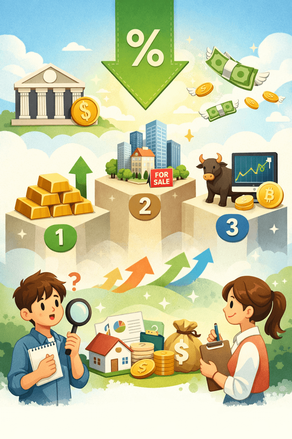 Illustration showing the impact of interest rate cuts on asset markets, including gold, real estate, and stock market growth sequence.