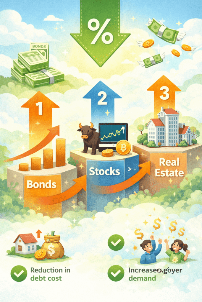 금리 인하 시 채권, 주식, 부동산 순으로 자산이 상승하는 흐름을 보여주는 일러스트. Illustration showing the sequence of asset price increases after an interest rate cut, from bonds to stocks to real estate.