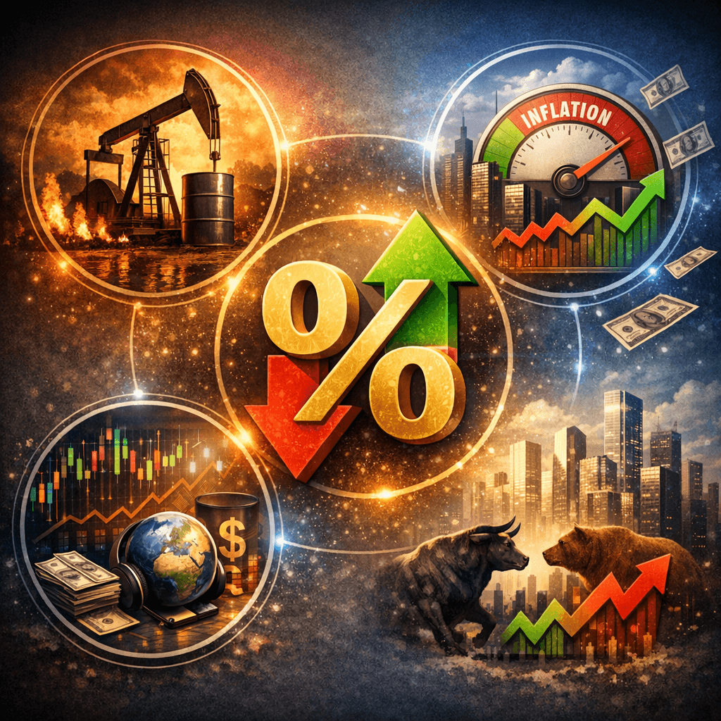 Illustration showing interest rate direction influenced by inflation, oil prices, stock market trends, and global financial conditions.