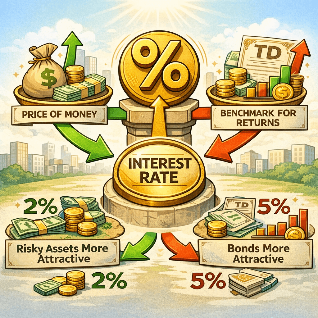 금리가 자본 이동과 투자 수익률, 자산 매력을 결정하는 중심 기준임을 보여주는 일러스트. Illustration showing interest rate as the central benchmark influencing capital flow, investment returns, and asset attractiveness.
