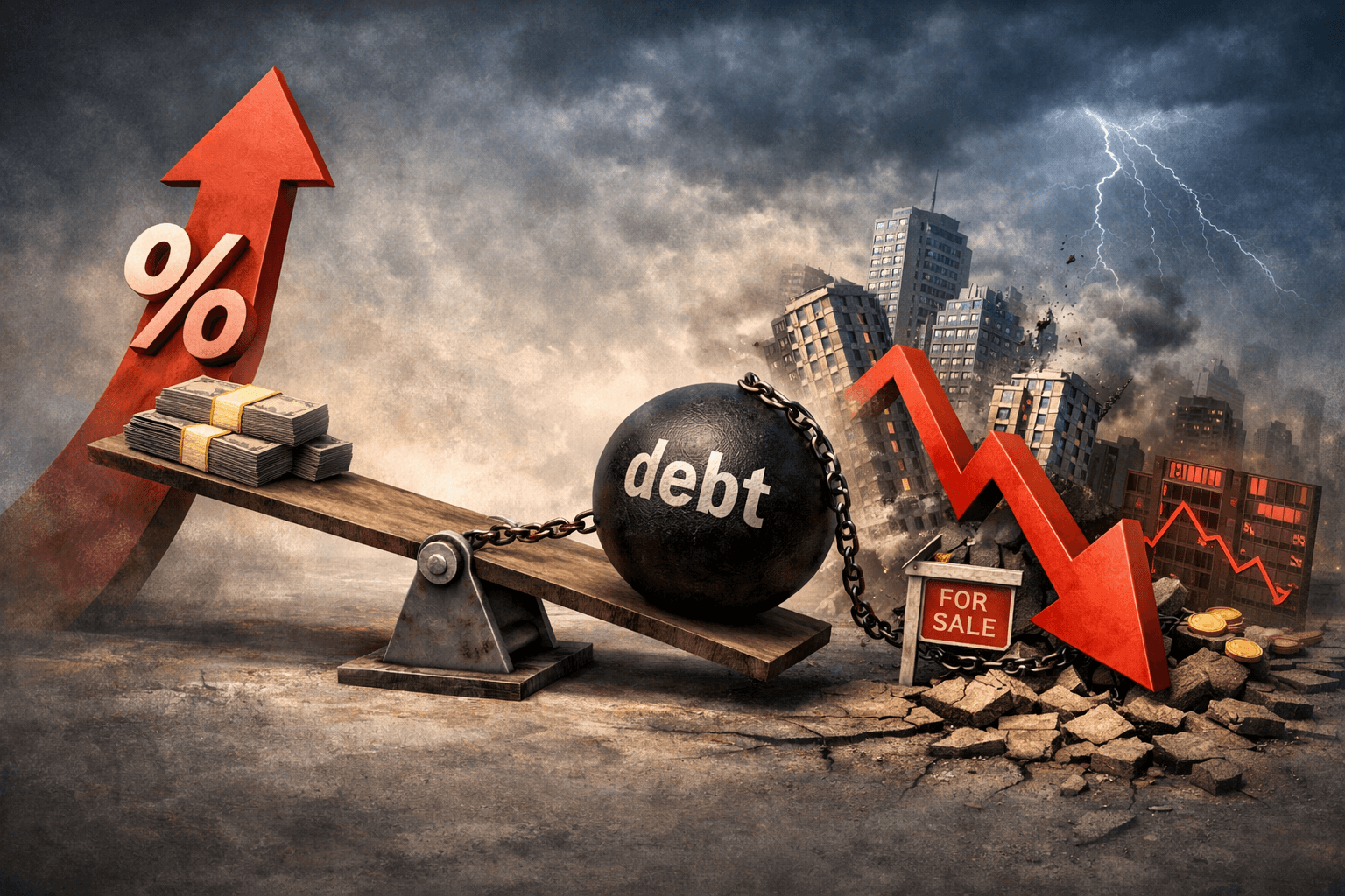 Conceptual illustration showing rising interest rates increasing debt pressure, leading to leveraged real estate decline and market downturn.