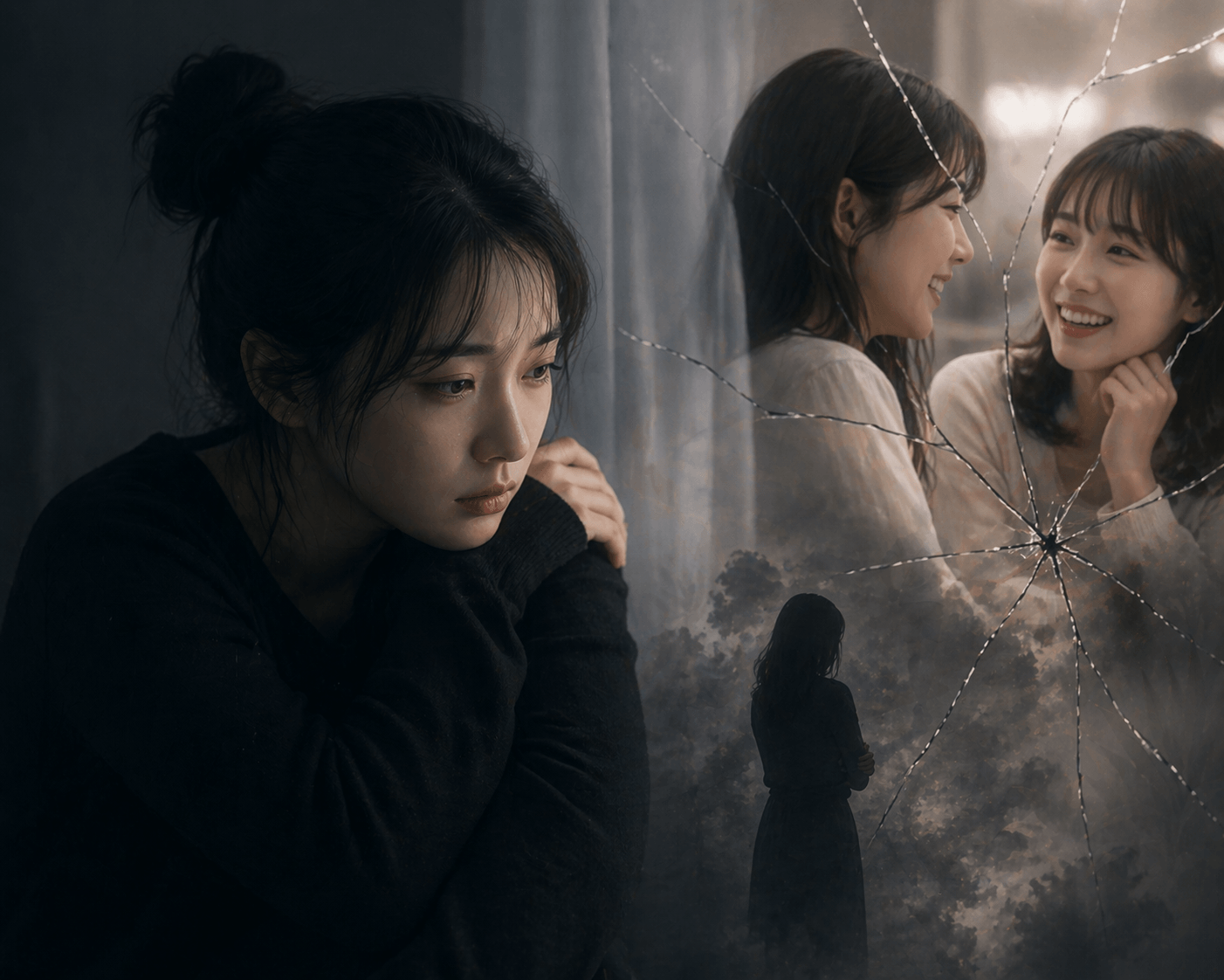 창가에 앉아 외로움과 비교 속에서 질투를 느끼는 여성의 감정적인 모습.