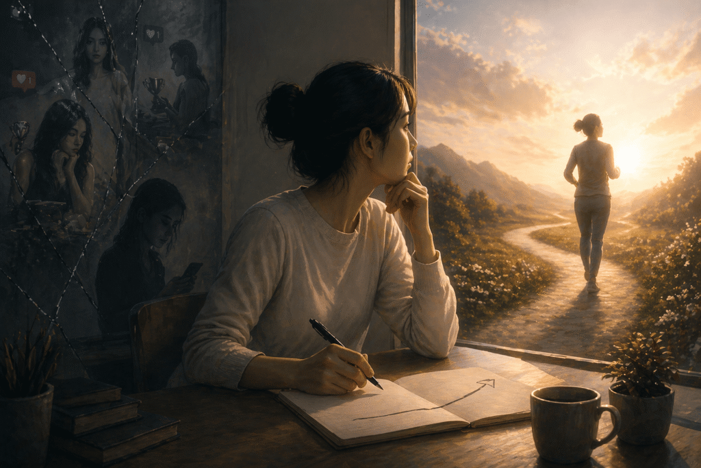 질투 감정을 자기 인식으로 전환하며 새로운 방향을 고민하는 여성의 모습.