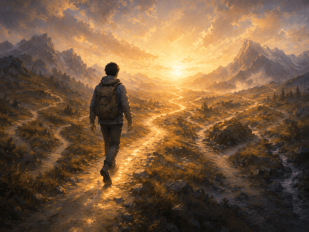 여러 갈래의 길이 펼쳐진 풍경 속에서 한 인물이 빛이 비치는 앞으로의 길을 따라 계속 걸어가는 모습을 담은 이미지.