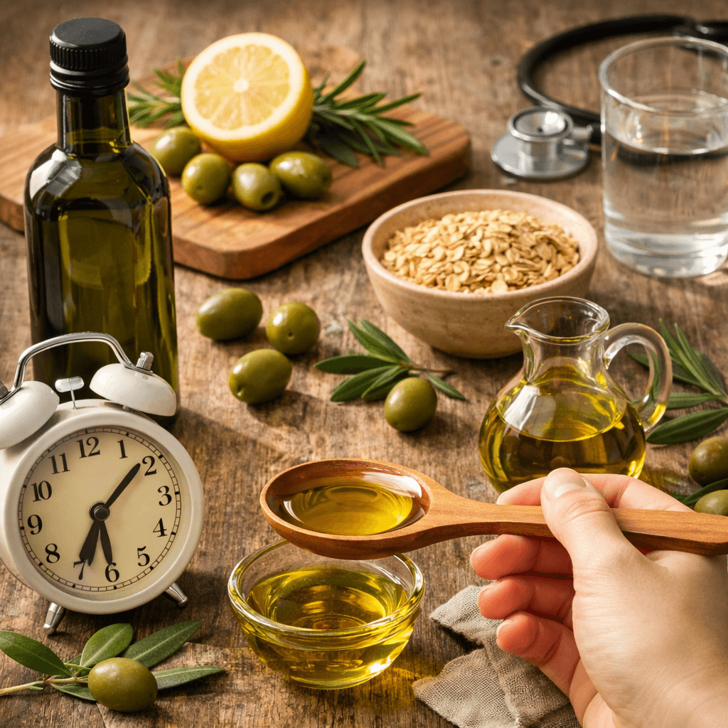 아침 식사 전 올리브오일을 한 스푼 떠먹는 장면으로, 손에 들린 스푼과 올리브오일 병, 올리브, 시계 등이 함께 배치된 건강한 아침 루틴 이미지.