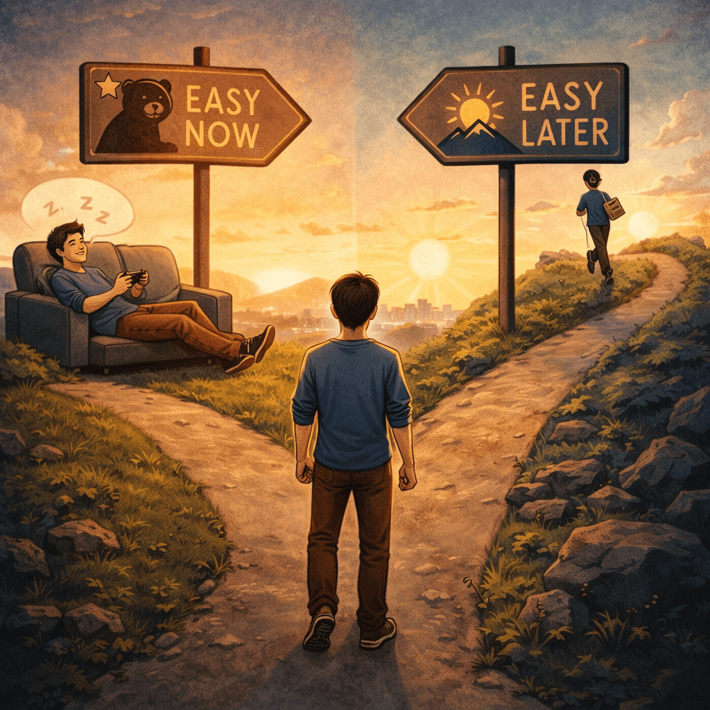 지금의 편안함과 미래의 편안함 사이에서 선택을 고민하는 사람의 모습과 서로 다른 길을 통해 대비를 표현한 이미지.