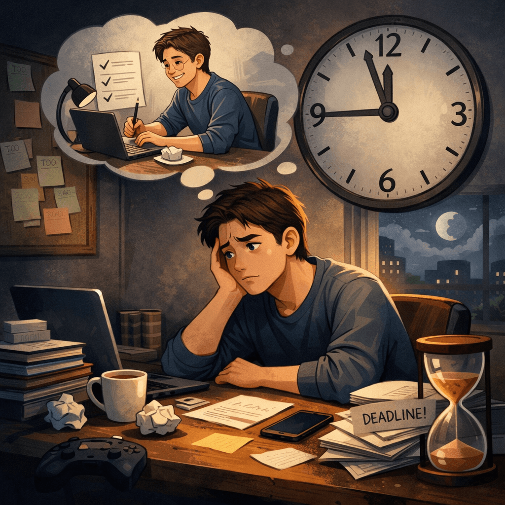해야 할 일을 미루며 스트레스와 후회를 느끼는 사람의 모습과 시간 압박을 상징하는 시계와 모래시계를 표현한 이미지.
