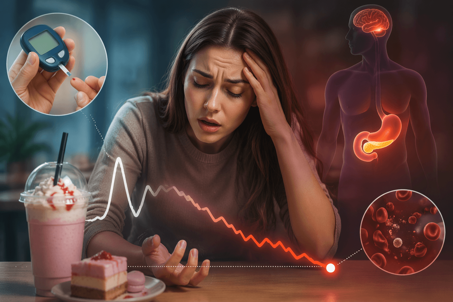 공복 상태에서 단 음료 섭취 후 혈당이 급격히 변해 어지러움과 식은땀을 겪는 상황.