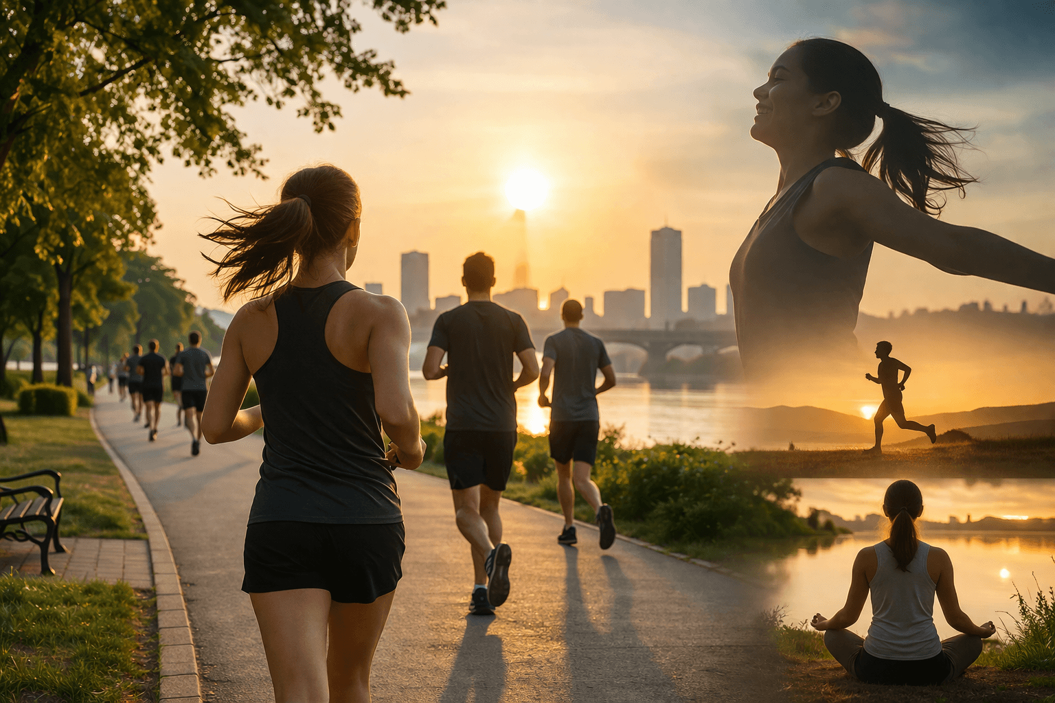아침 햇살이 비치는 공원에서 여러 사람들이 함께 달리며 몸과 마음이 회복되는 모습을 보여주는 이미지.