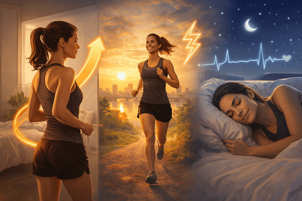 달리기를 반복하면서 체력 변화, 에너지 증가, 수면 질 개선이 나타나는 과정을 보여주는 이미지.