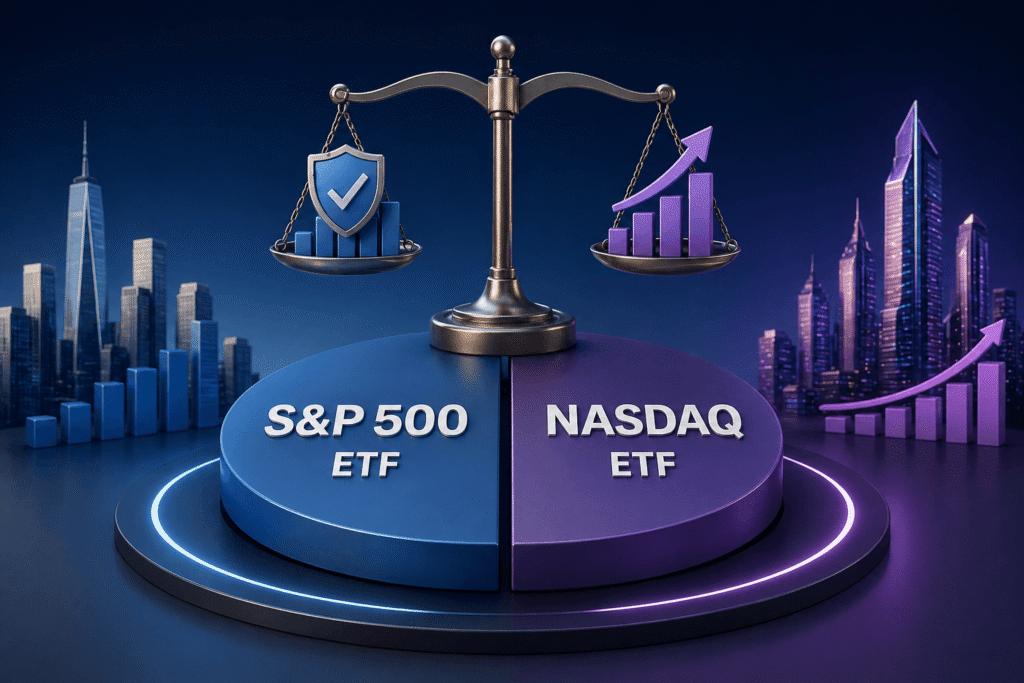 S&P500 ETF와 나스닥 ETF를 함께 구성한 포트폴리오를 균형 있게 표현한 이미지로, 안정성과 성장성을 동시에 나타내는 저울과 분할된 차트가 포함된 투자 개념 일러스트. A balanced investment concept showing S&P 500 ETF and Nasdaq ETF combined in a portfolio, represented by a split chart and scale symbolizing stability and growth together.