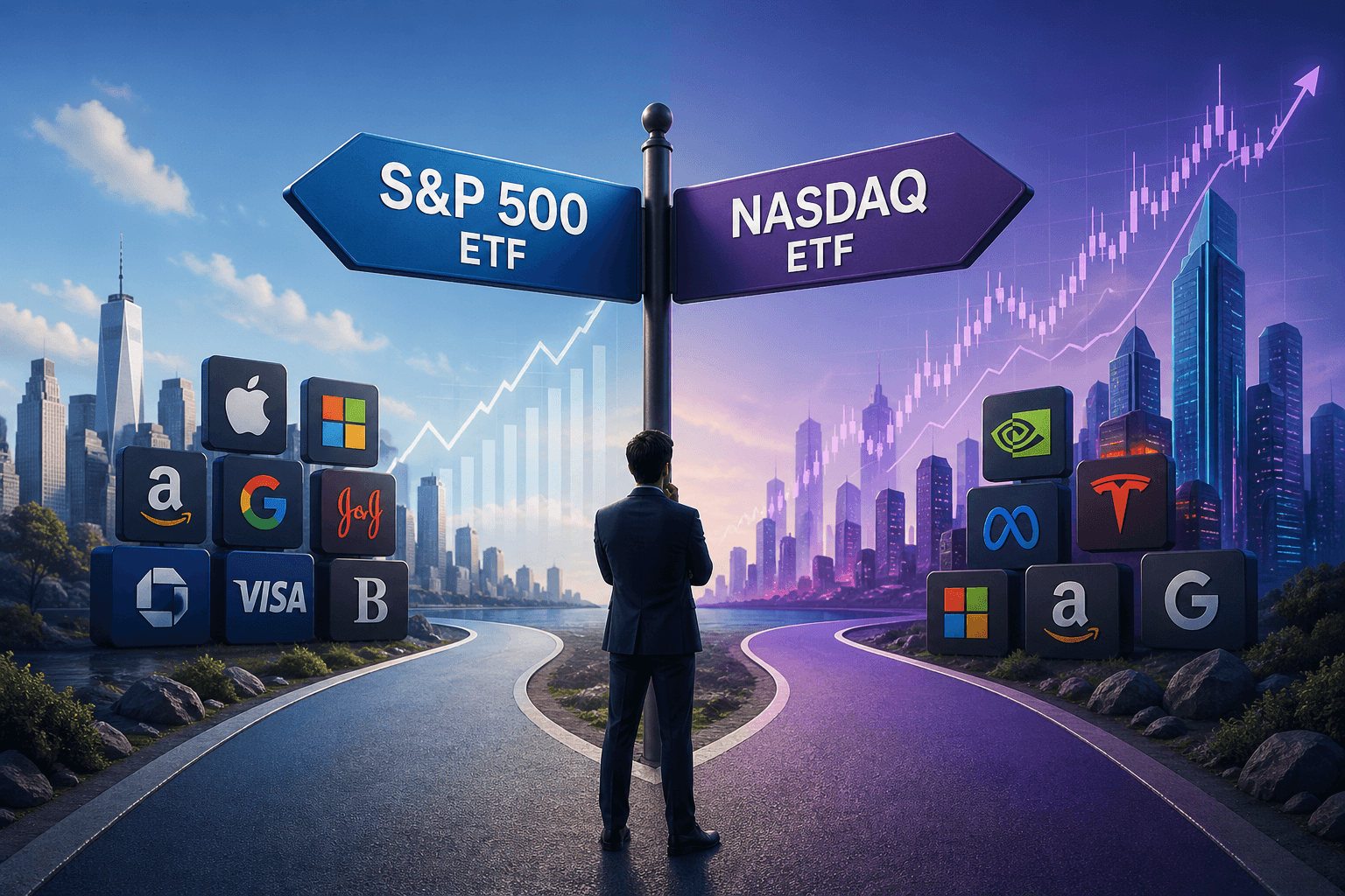 A financial illustration of an investor standing at a crossroads choosing between S&P 500 ETF and Nasdaq ETF, with contrasting cityscapes and growth charts representing different investment strategies.
