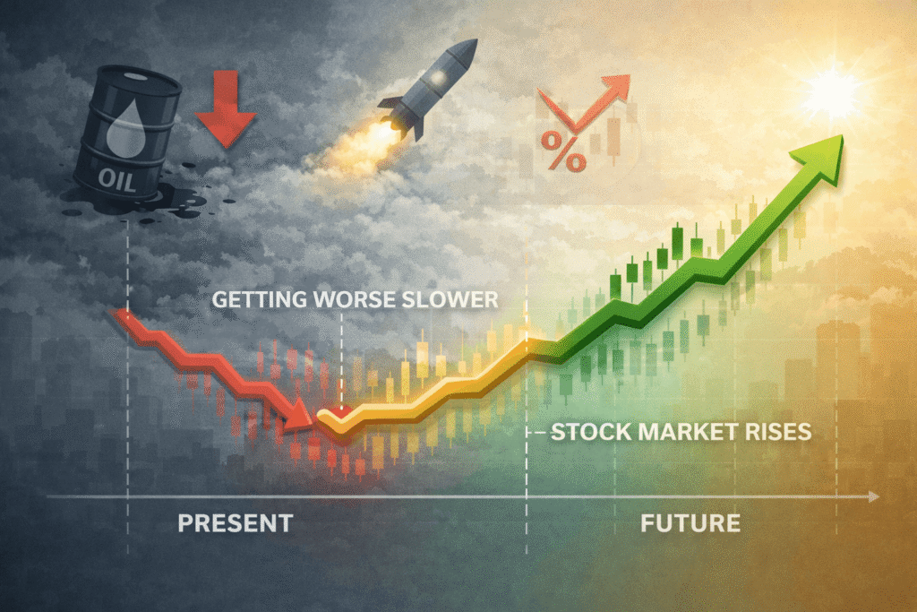 경제 상황이 완전히 좋아지기 전에 주식 시장이 먼저 상승하는 흐름을 보여주는 이미지. Stock market rising as conditions improve slightly, showing how markets react before full economic recovery.