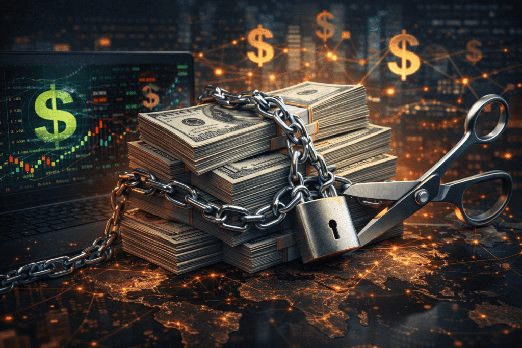 거래 제한과 자금 이동 통제가 가능한 구조를 보여주는 달러 중심 금융 시스템 이미지. US dollar as a controlled financial system with restrictions on transactions and capital movement under regulatory and geopolitical conditions.