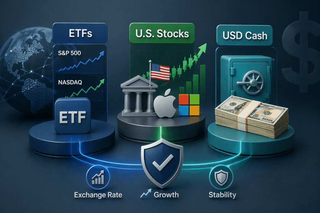 미국 ETF, 미국 주식, 달러 현금을 통해 환율, 성장, 안정성을 동시에 추구하는 달러 자산 포트폴리오 구조를 보여주는 3D 금융 인포그래픽. 3D financial infographic illustrating USD asset allocation across ETFs, U.S. stocks, and cash, highlighting exchange rate exposure, growth potential, and stability.