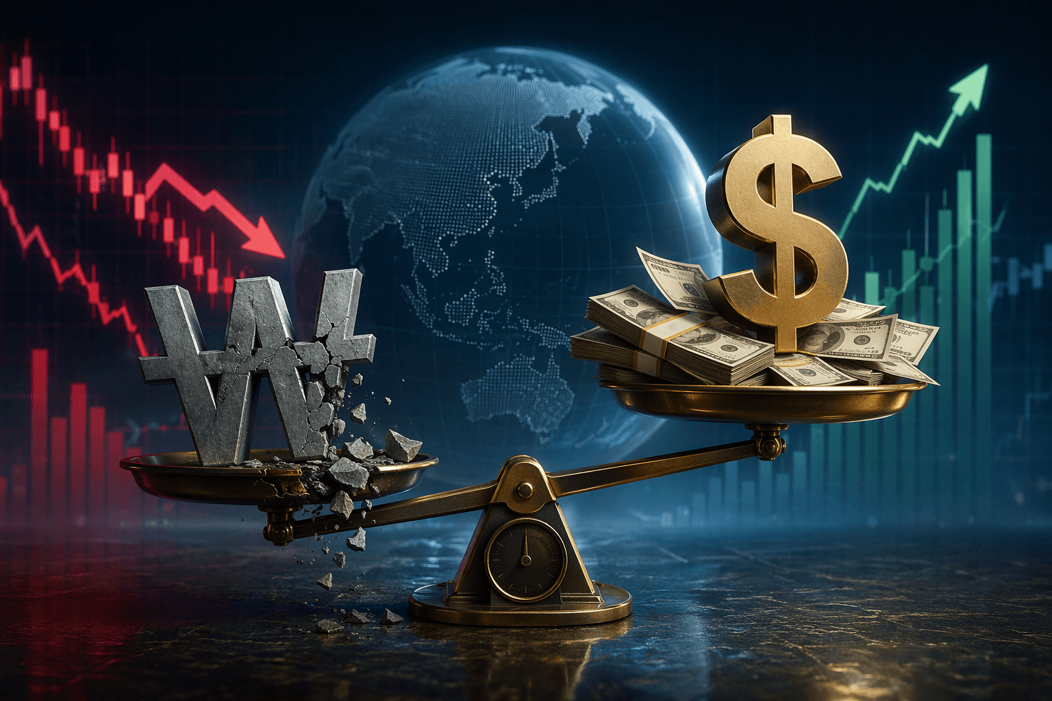 A financial illustration showing the rising dominance of the US dollar compared to the declining value of the Korean won, represented by a balance scale with dollar growth and won depreciation alongside global market charts.