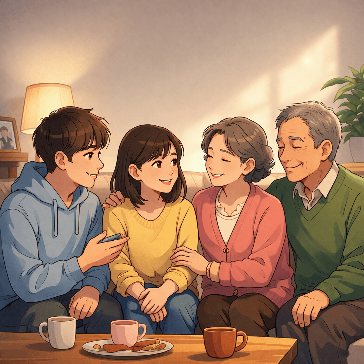 가족과 함께 소파에 앉아 편안하게 대화를 나누는 모습, 감정을 솔직하게 털어놓는 따뜻한 관계를 표현한 일러스트.