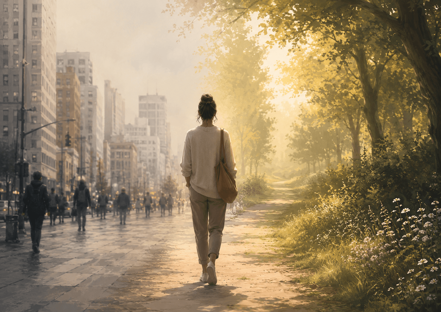 도심 거리와 자연 속 산책길이 부드럽게 이어지는 장면에서 한 사람이 걸어가고 있으며, 자연 속에서 마음이 편안해지고 생각이 느려지는 느낌을 표현한 이미지.