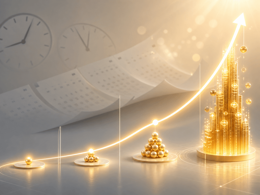 An abstract financial growth image showing compound interest accelerating over time through a rising golden curve, increasing asset stages, clocks, and calendar pages in the background.