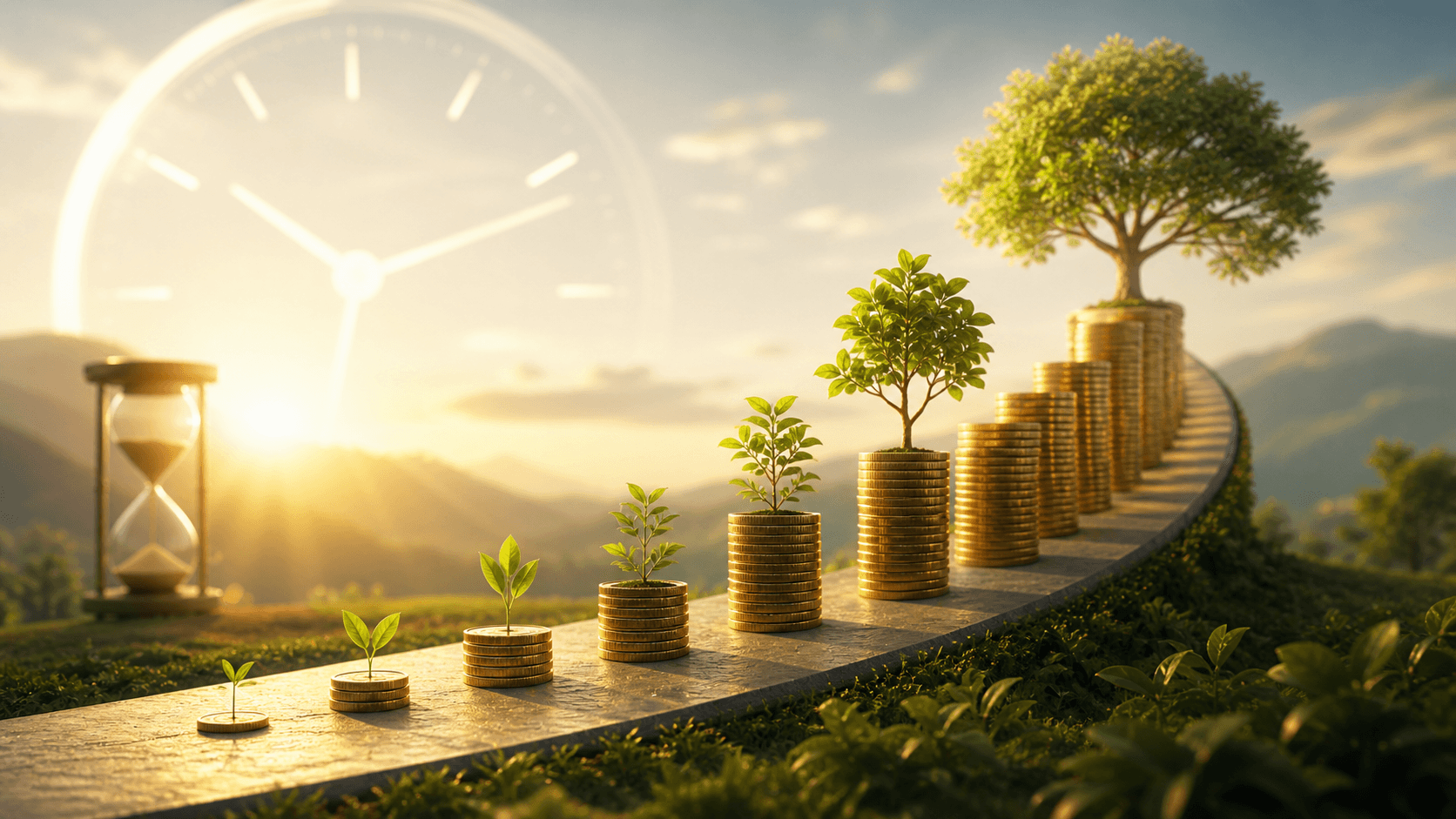 A visual illustration of compound interest showing stacks of coins growing larger over time, each topped with a small plant that becomes a tree, with an hourglass and a large clock in the background to represent long-term financial growth.