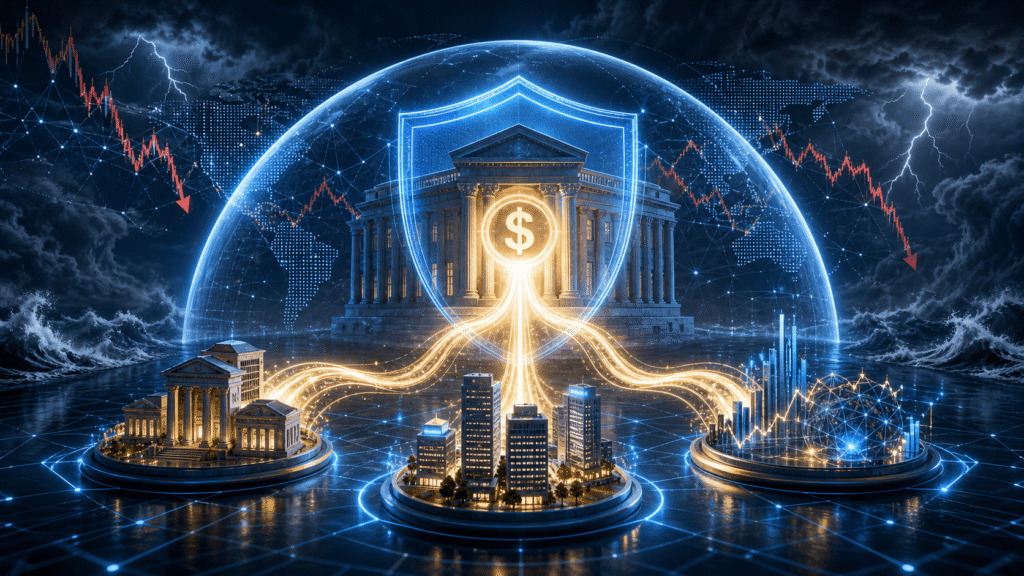 A conceptual illustration showing a central bank securing dollar liquidity during a financial crisis and distributing it to banks, businesses, and financial markets through a protective currency swap shield.