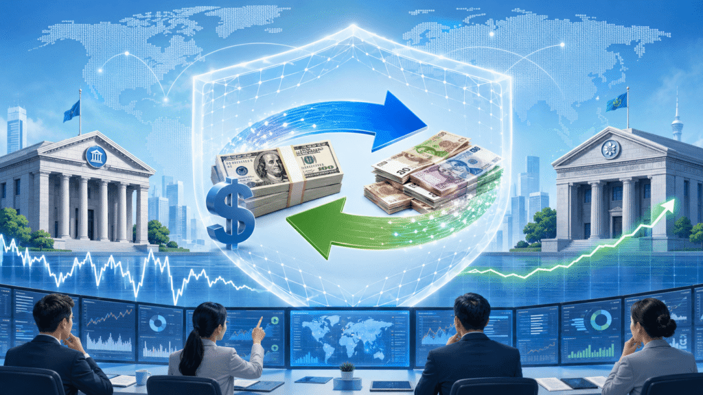  A bright global finance illustration showing a currency swap safety net, with U.S. dollars and foreign currencies exchanged between central banks to support dollar liquidity and market stability.