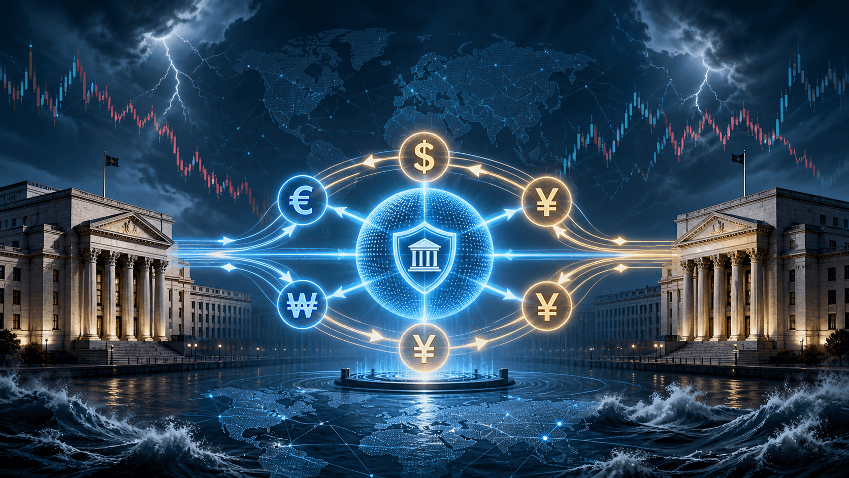 A conceptual illustration of global currency swaps, showing central bank buildings connected by glowing currency exchange lines during financial market turbulence.