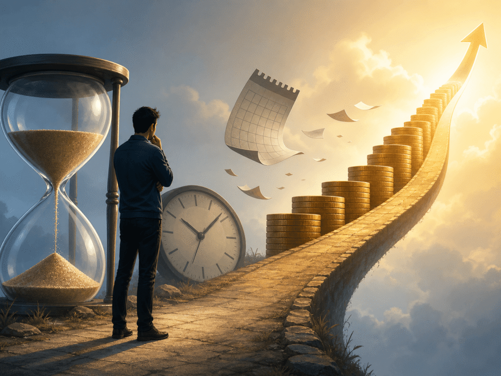 A person hesitates beside an hourglass and clock, while a path of rising coin stacks and an upward arrow shows the opportunity cost of delaying investment.
