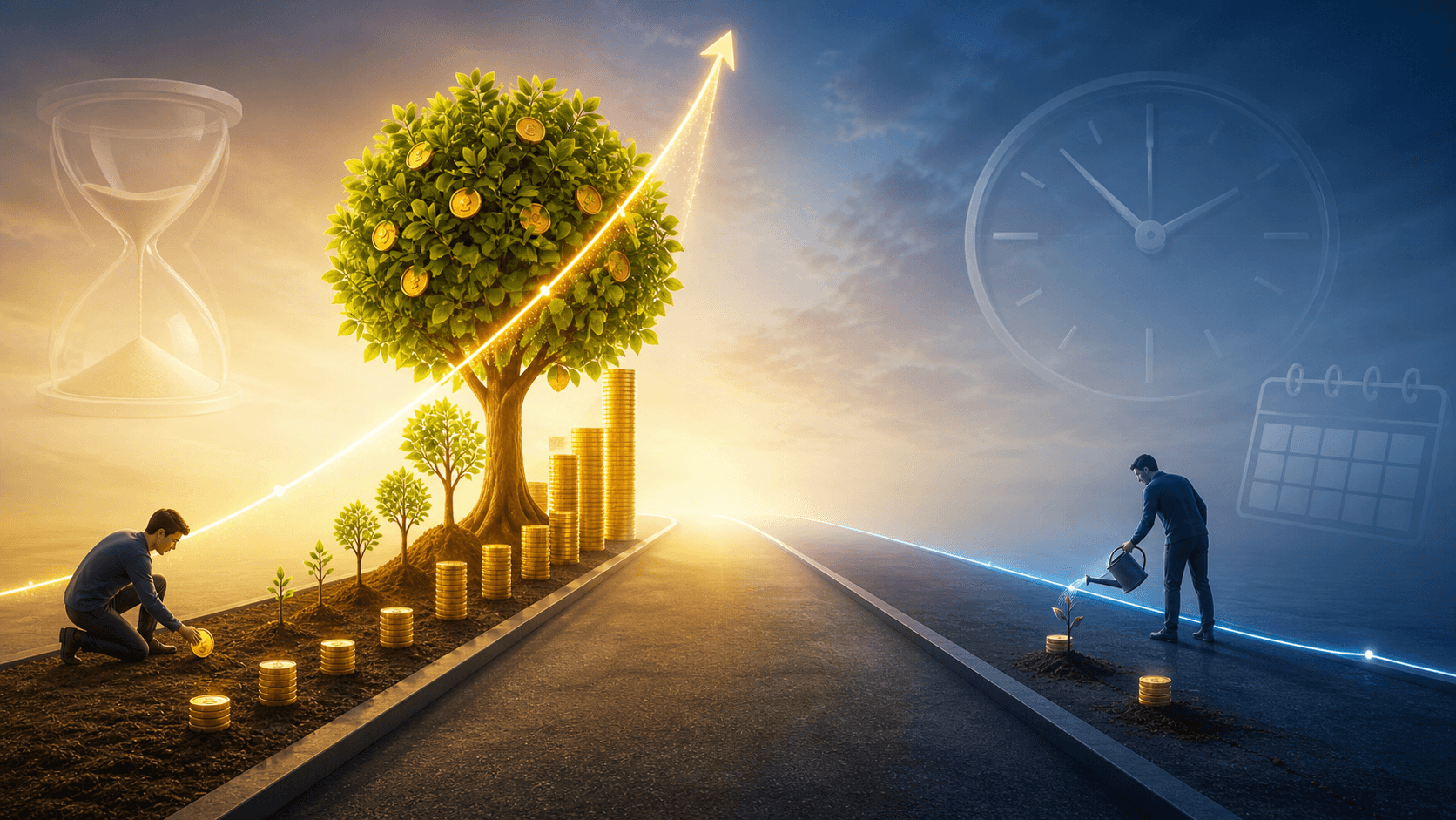 An early investor plants coin seeds that grow into a large money tree, while a late investor starts with a small sprout, showing how time creates a major advantage in investing.