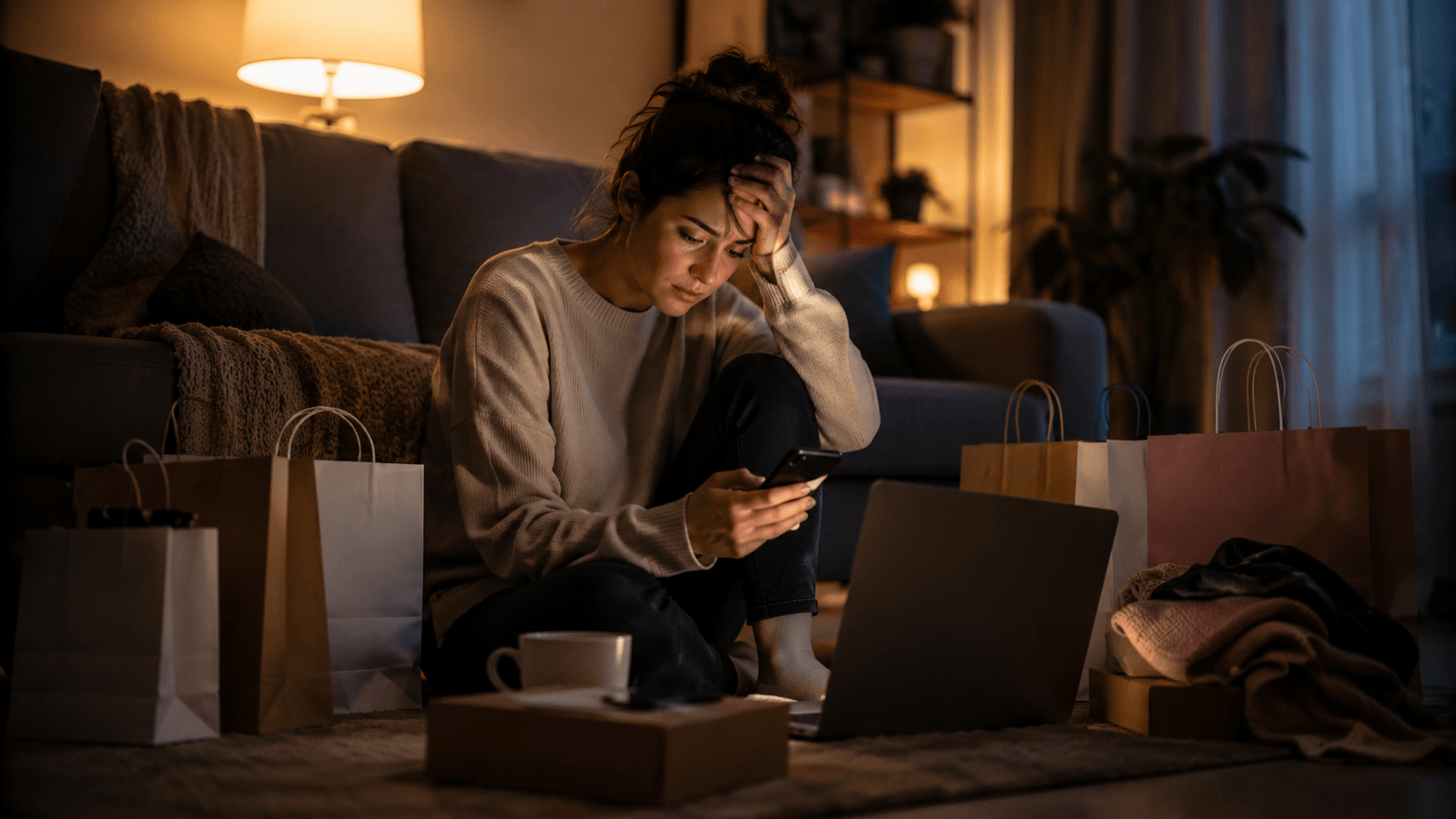 A person sitting alone at home at night, looking stressed while holding a phone beside shopping bags, delivery boxes, and a laptop, representing emotional impulse buying.