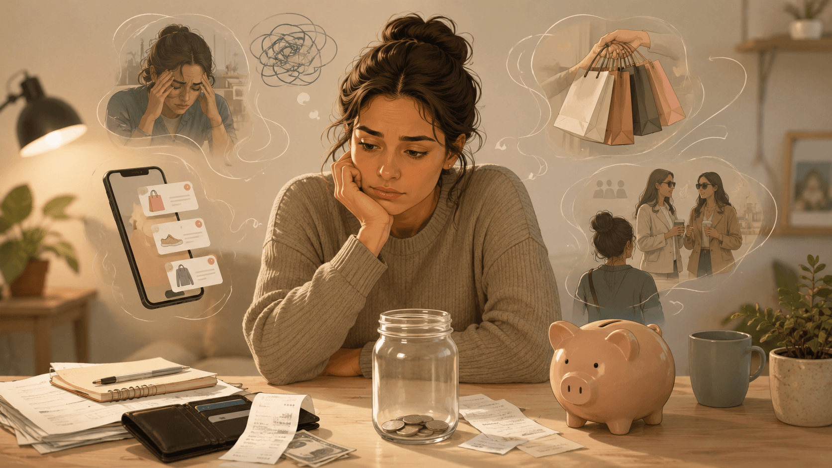 A thoughtful woman sits at a desk with a nearly empty savings jar, receipts, wallet, and piggy bank, surrounded by visual symbols of stress, impulse shopping, and social comparison.