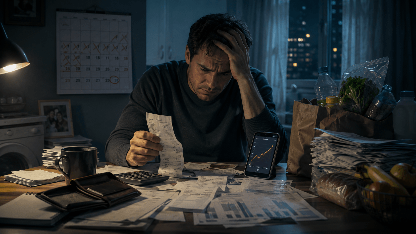 A stressed man sits at a table at night reviewing bills, receipts, and a budget calculator, symbolizing financial anxiety, rising living costs, and uncertainty about the future.